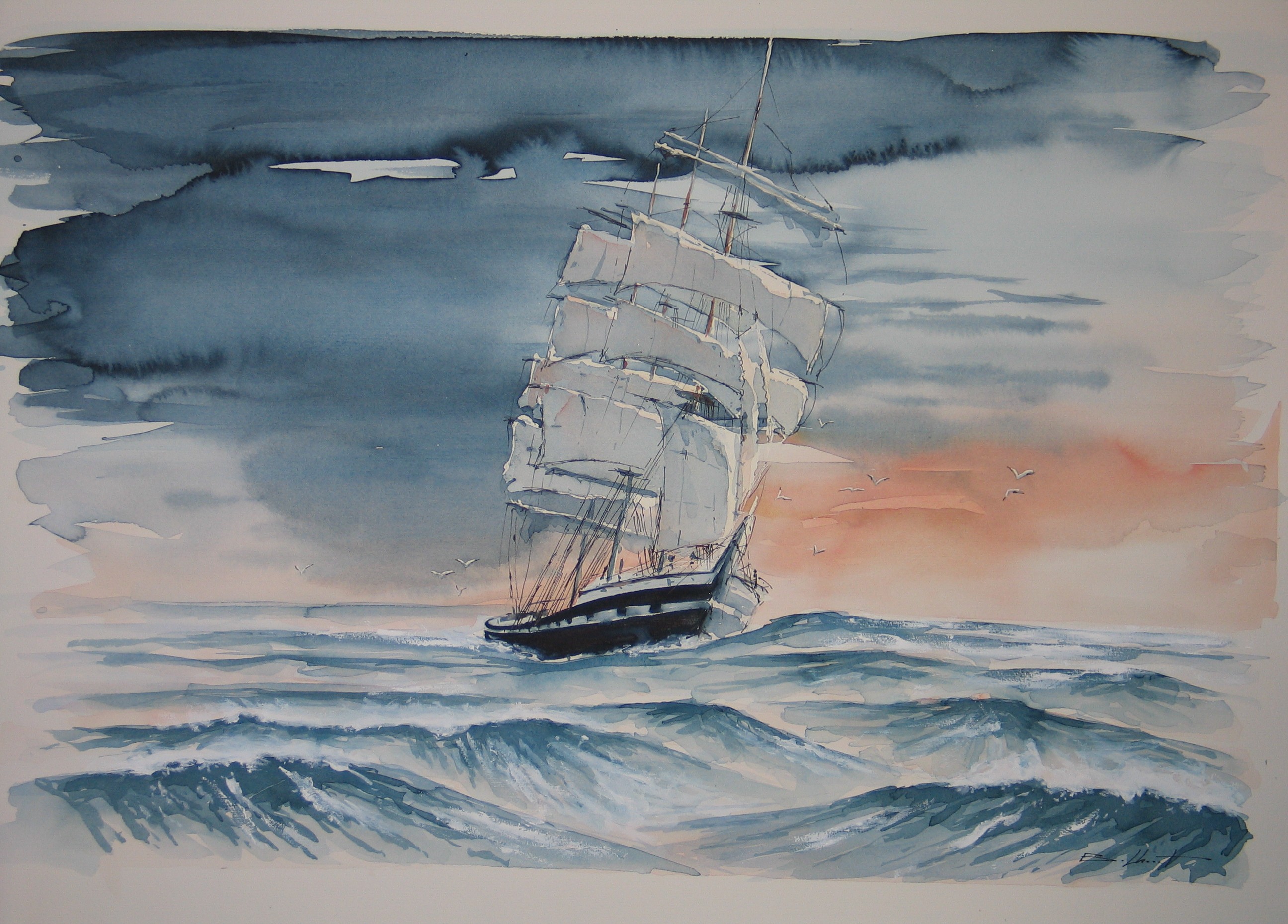 Trois mats soleil couchant - aquarelle