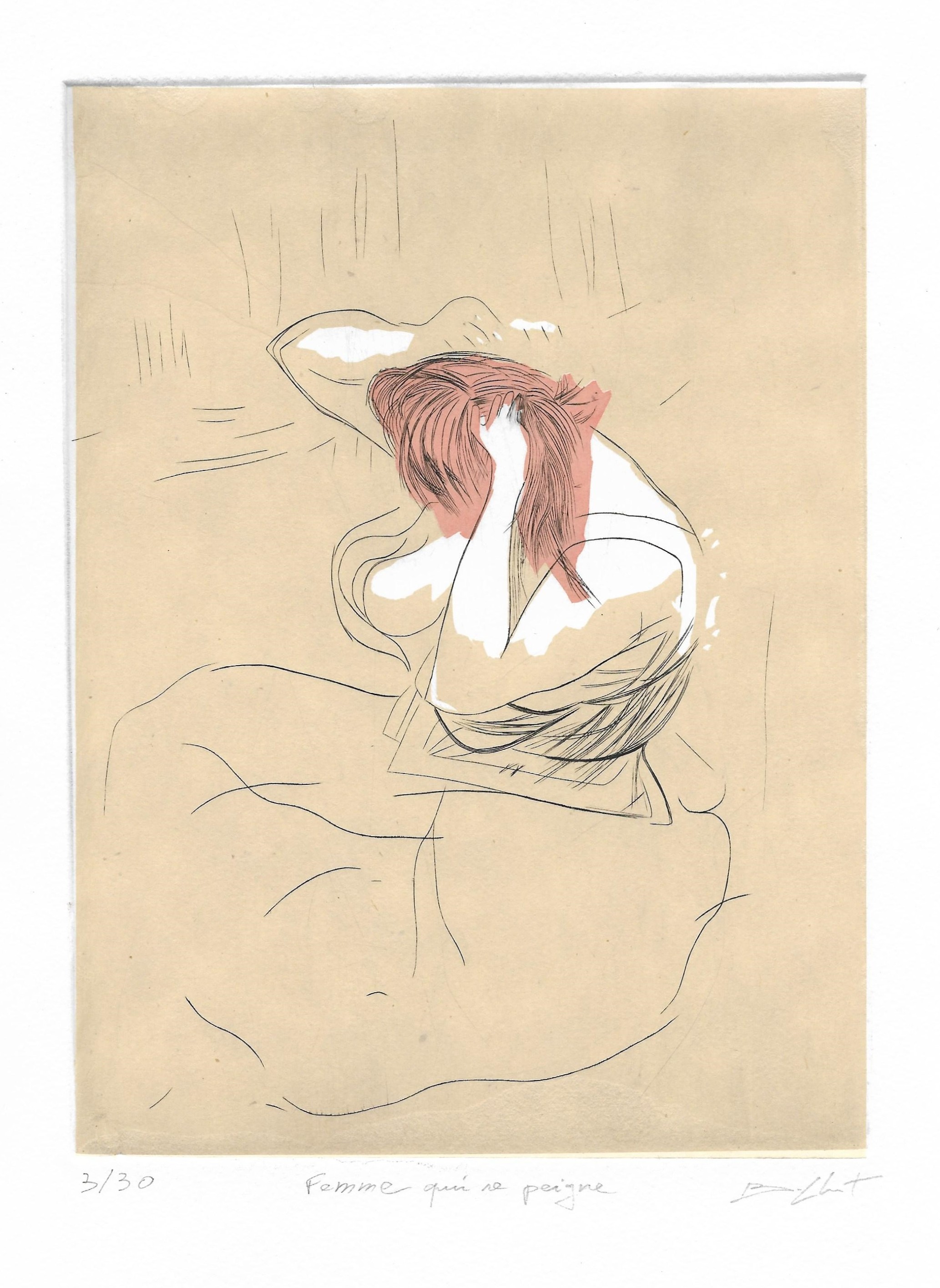 Femme qui se peigne - burin / chine collée - matrice 15 x 20 cm - edition 30