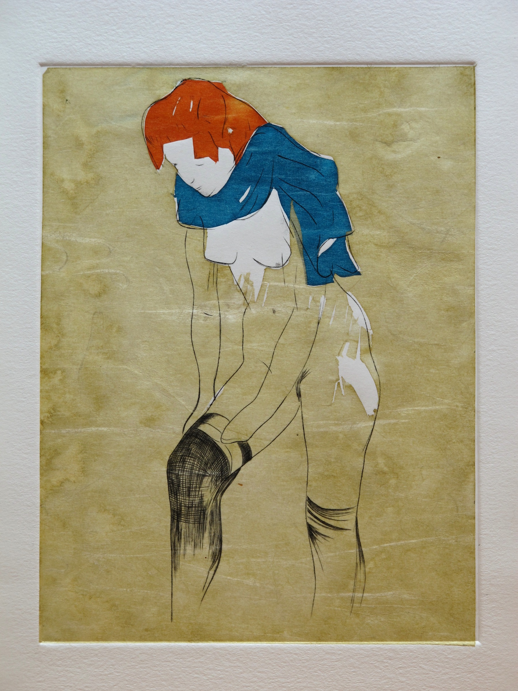Femme qui tire son bas - burin / chine collée - matrice 15 x 20 cm - edition 50