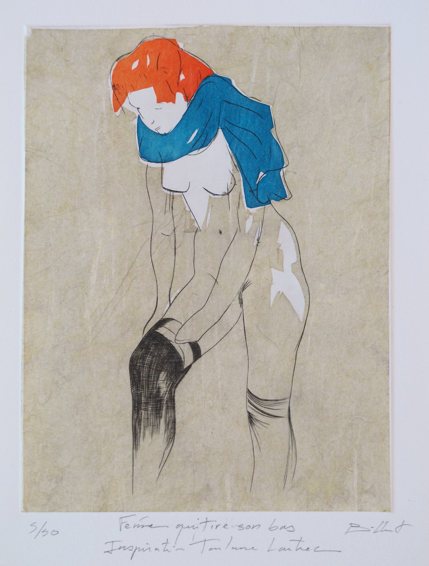 Femme qui tire son bas - burin / chine collée - matrice 15 x 20 cm - edition 50