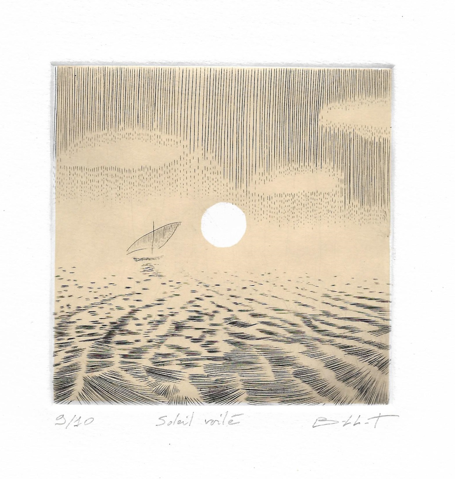 Soleil voilé - burin / chine collée - matrice 10 x 10 cm - edition 10