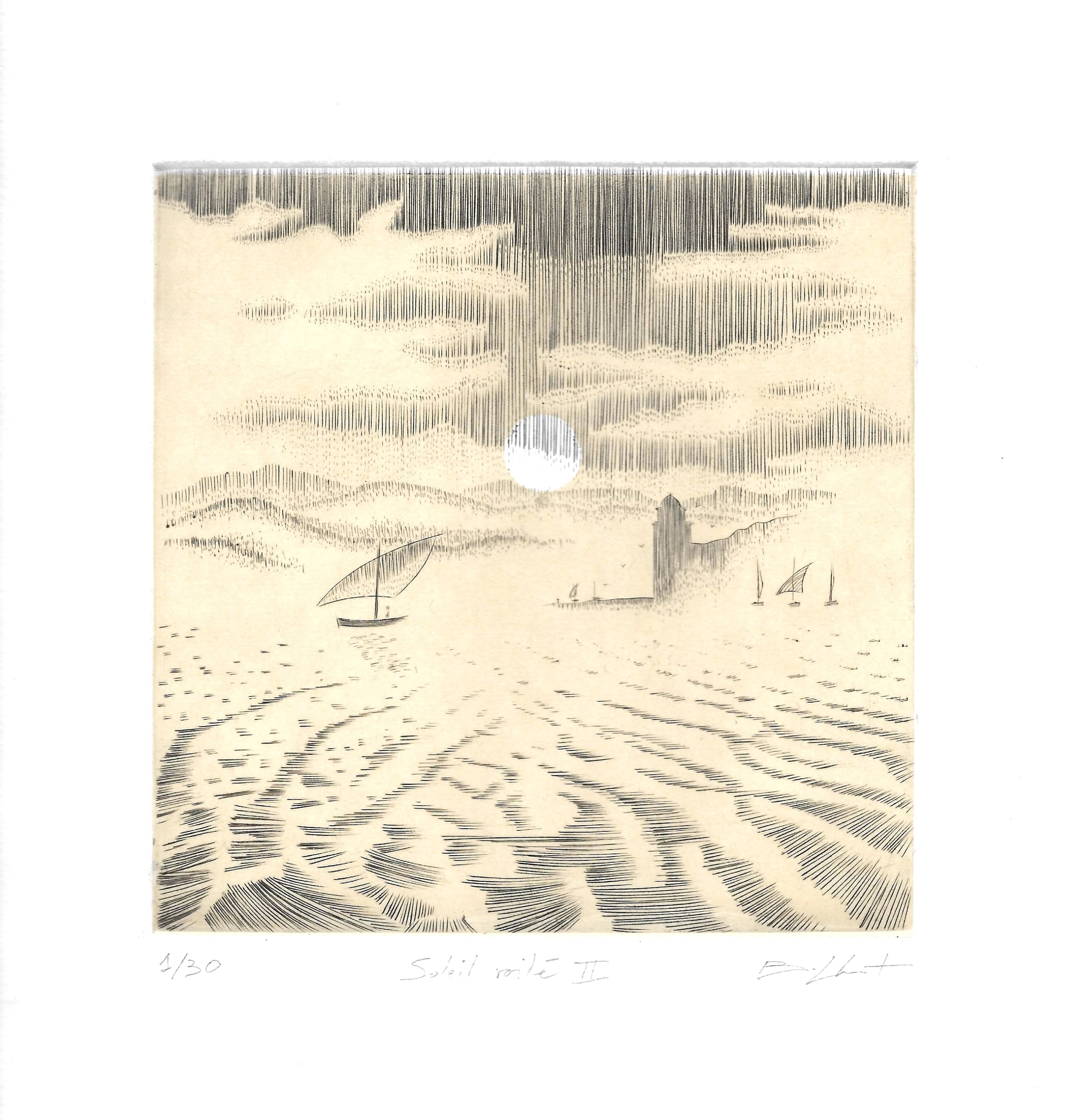 Soleil voilé II - burin / chine collée - matrice 15 x 15 cm - edition 30