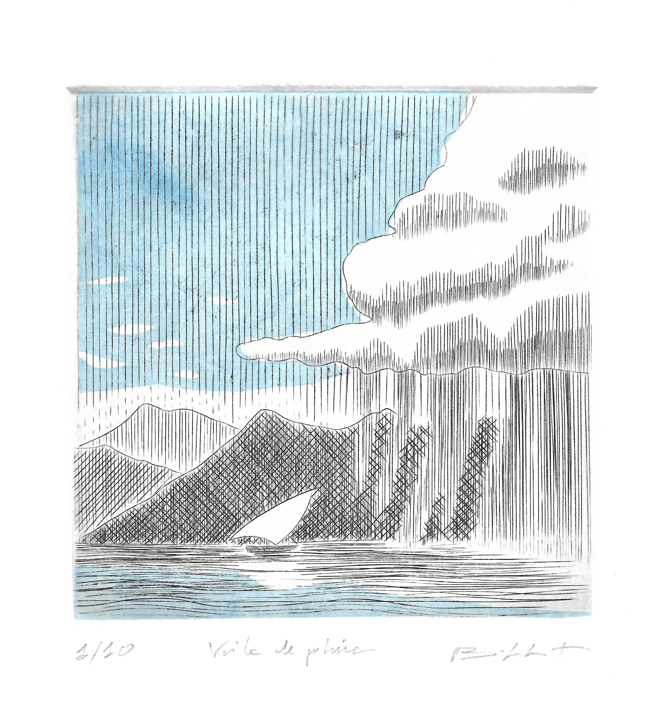 Voile de pluie - burin / chine collée - matrice 10 x 10 cm - edition 10