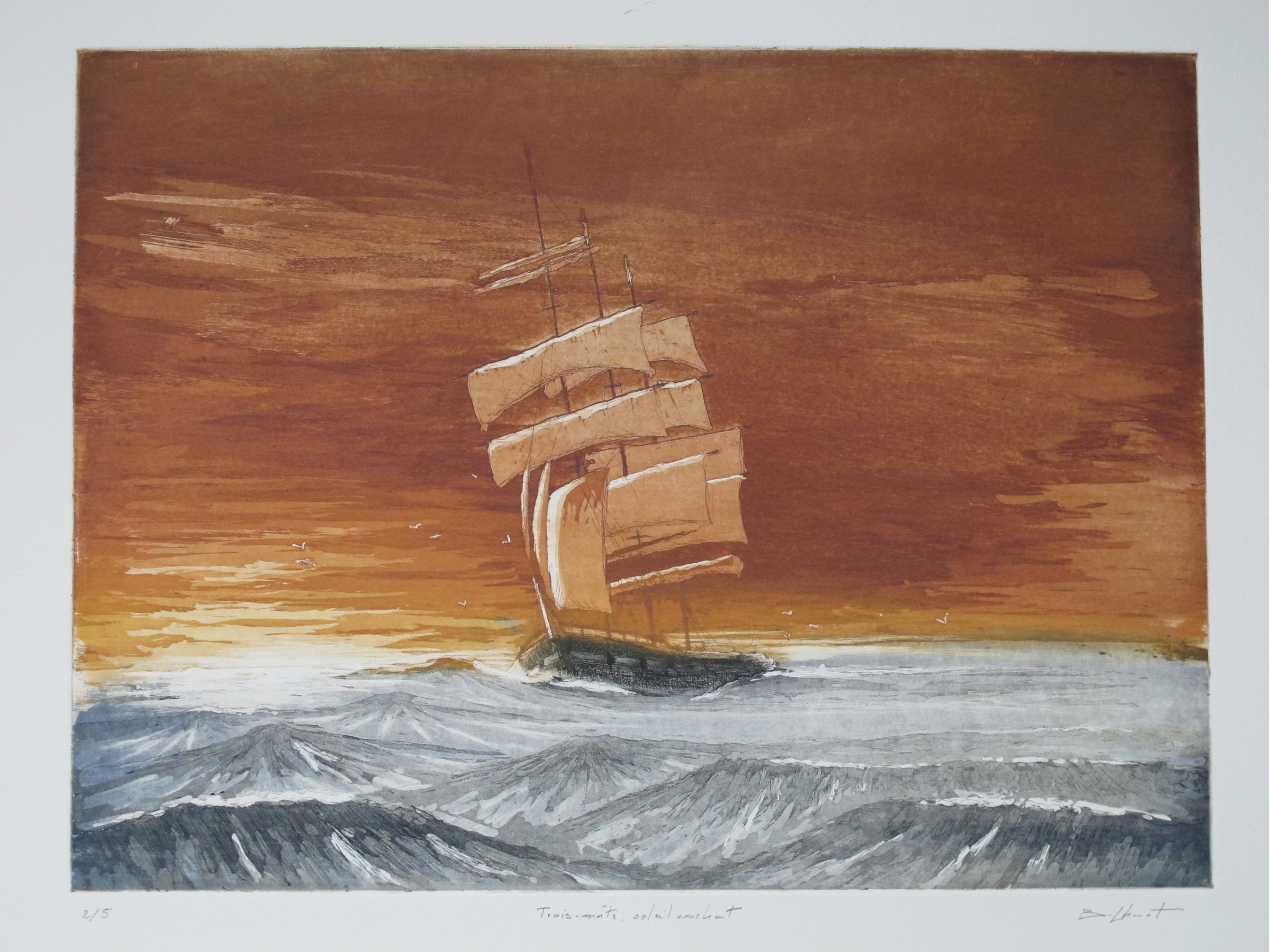 Trois mats soleil couchant - eau forte / aquatinte - matrice 30 x 40 cm - edition 5